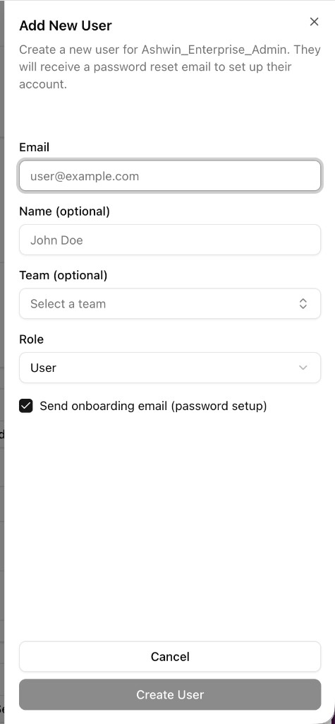 The Add New User form: email, optional name and team, role