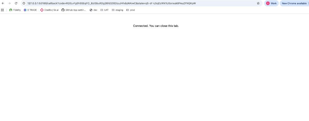 Browser tab showing 'Connected. You can close this tab.'