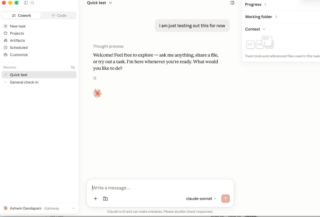 Claude Desktop chat signed in, showing the user's name and Gateway badge in the corner