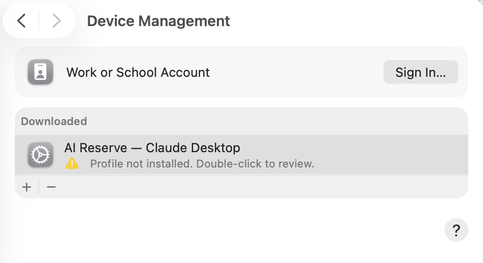 macOS Device Management settings showing the downloaded AI Reserve — Claude Desktop profile awaiting installation